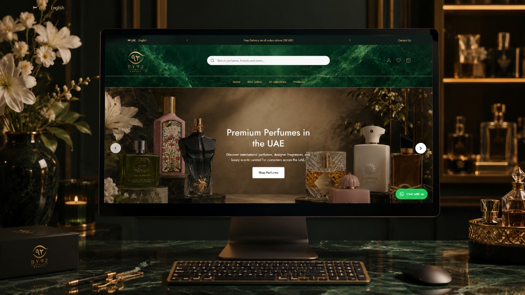 BY92 UAE perfume ecommerce store homepage mockup