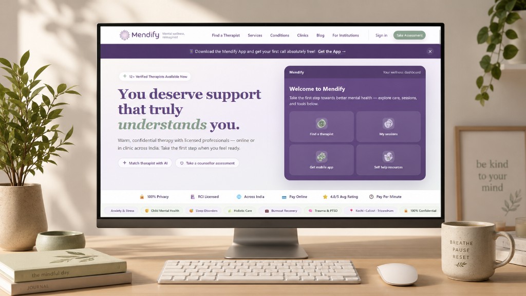 Mendify mental health booking platform homepage mockup